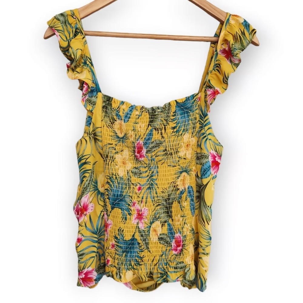 ❤️❤️ Rose and Olive Yellow Tropical Print Ruched Tank Top Blouse sz L